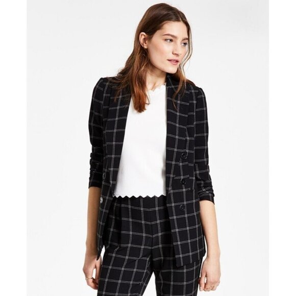 Bar III Blazer Black Windowpane Plaid Double Breasted Open Front - Picture 2 of 9